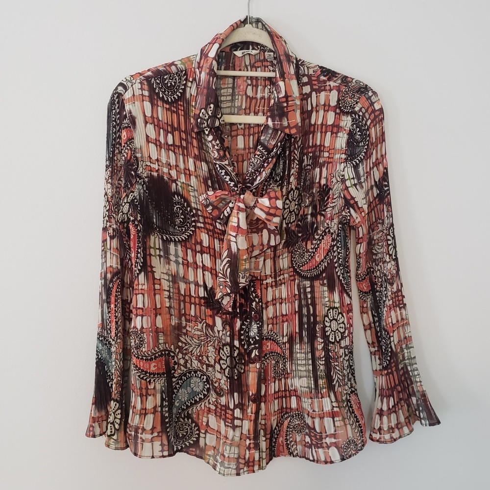 Vintage Nicola Retro Crinkle Top W/Scarf MED Y2K Hippie Boho Groovy Flare Sleeve
